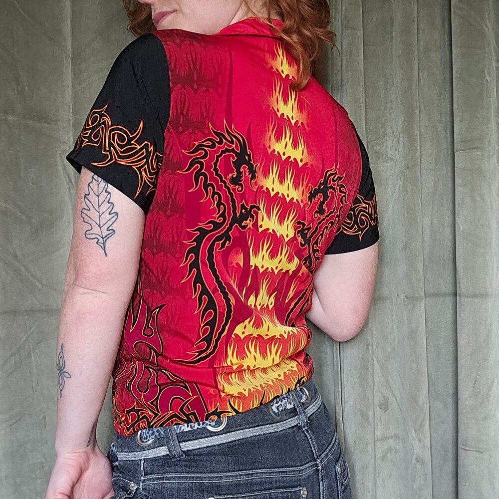 y2k McBling Blokecore Emo Skater Mall Goth Motoboho Alt Flaming Dragon Polo